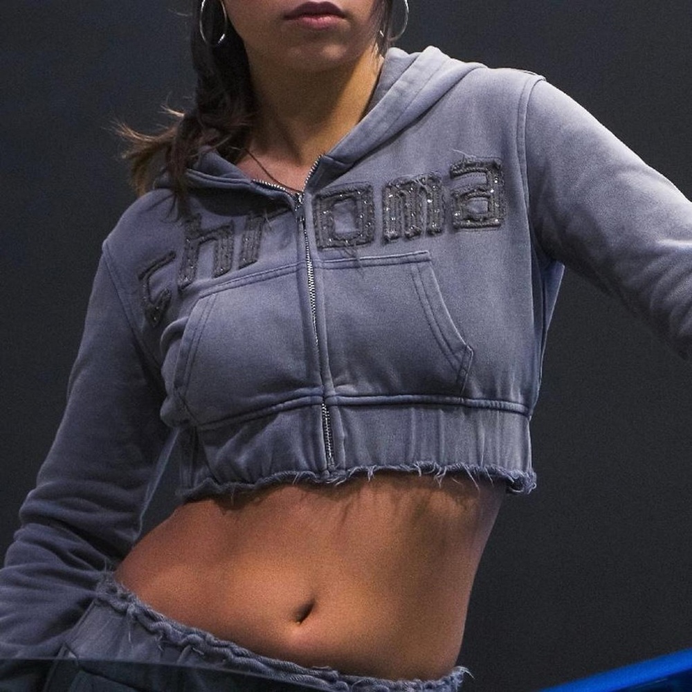 Chroma Gray Cropped Zip-Up Hoodie with Embellished Logo - Picture 2 of 4